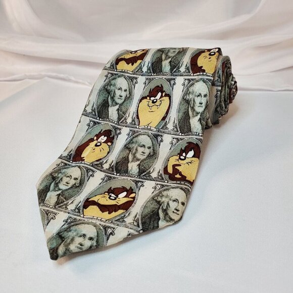 Looney Tunes Mania Taz Big Bucks 100% Silk Necktie Featuring George Washington - Picture 2 of 5